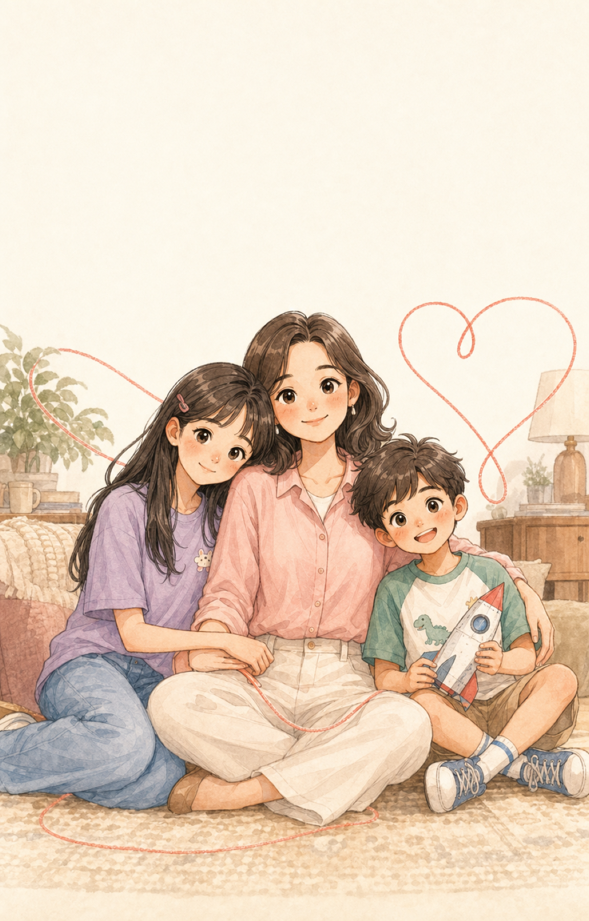 แม่ ลูกสาววัยรุ่น และลูกชายตัวเล็กนั่งใกล้กัน มีด้ายรูปหัวใจเชื่อมทั้งสามคน