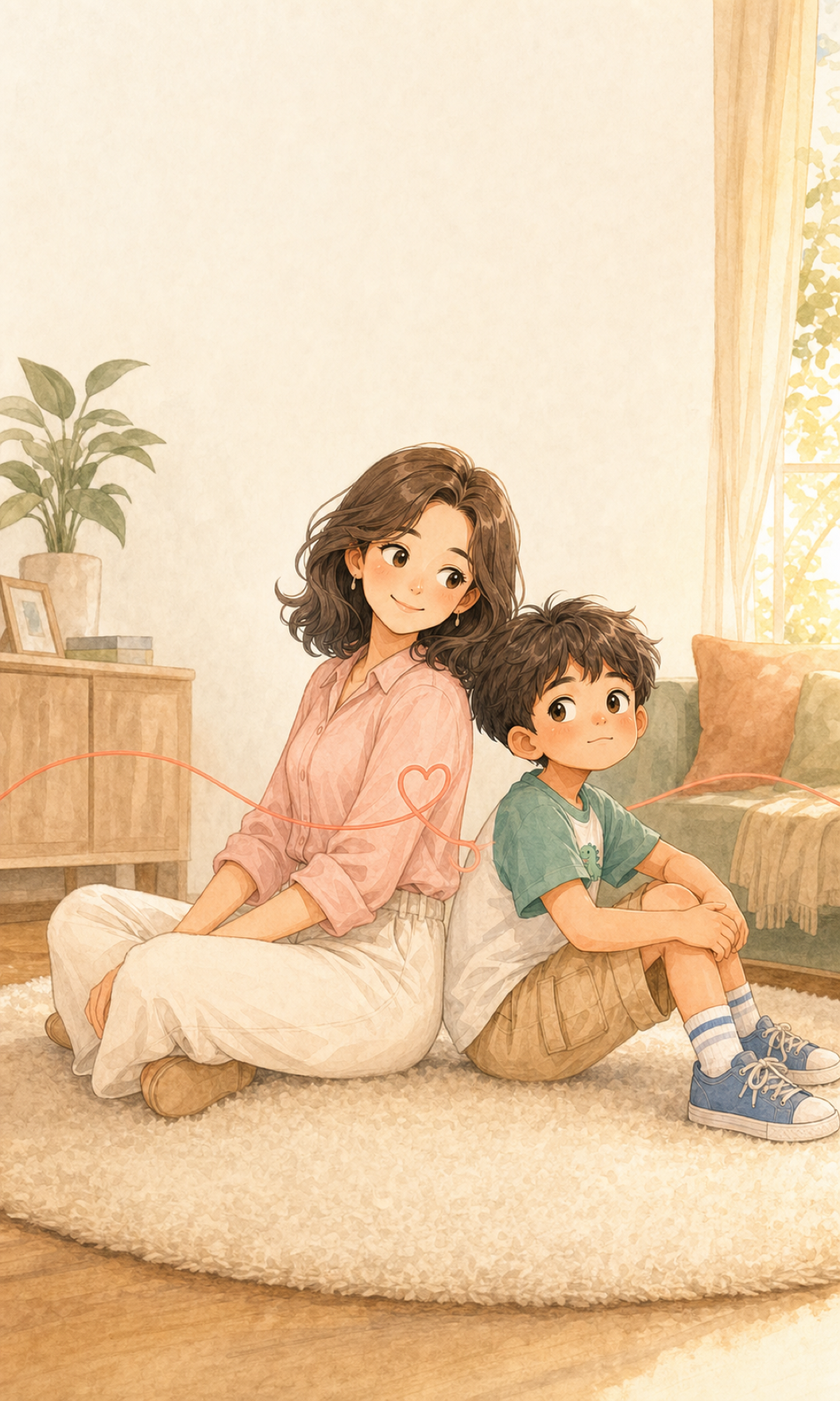 ภาพสีน้ำคุณแม่กับลูกชายนั่งหันหลังให้กัน โดยมีด้ายรูปหัวใจเชื่อมถึงกัน