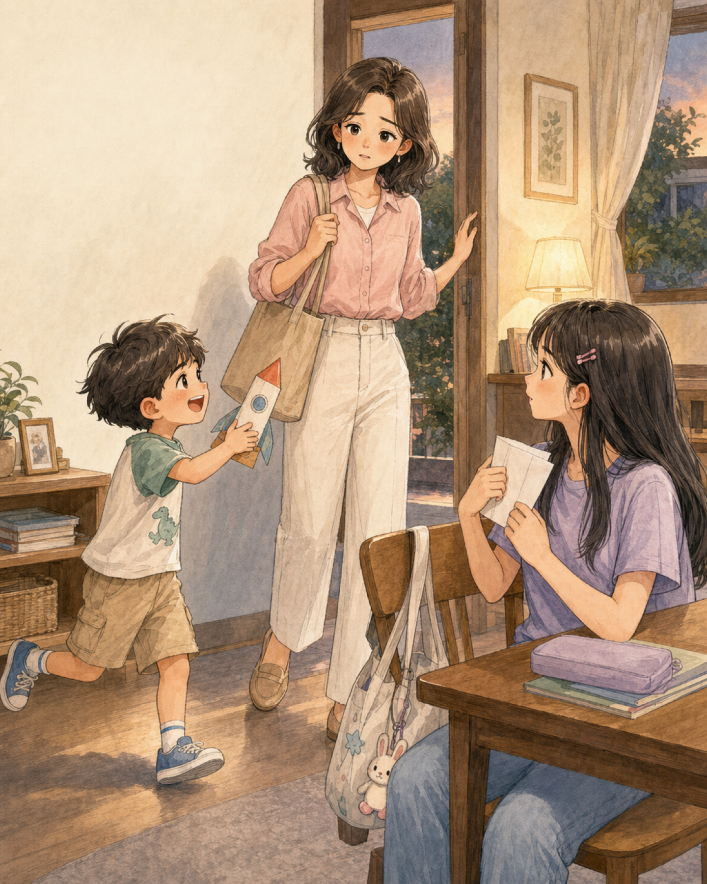 แม่กลับถึงบ้าน ลูกชายวิ่งมาพร้อมจรวดกระดาษ ส่วนลูกสาวถือกระดาษจากโรงเรียนรอคุยกับแม่