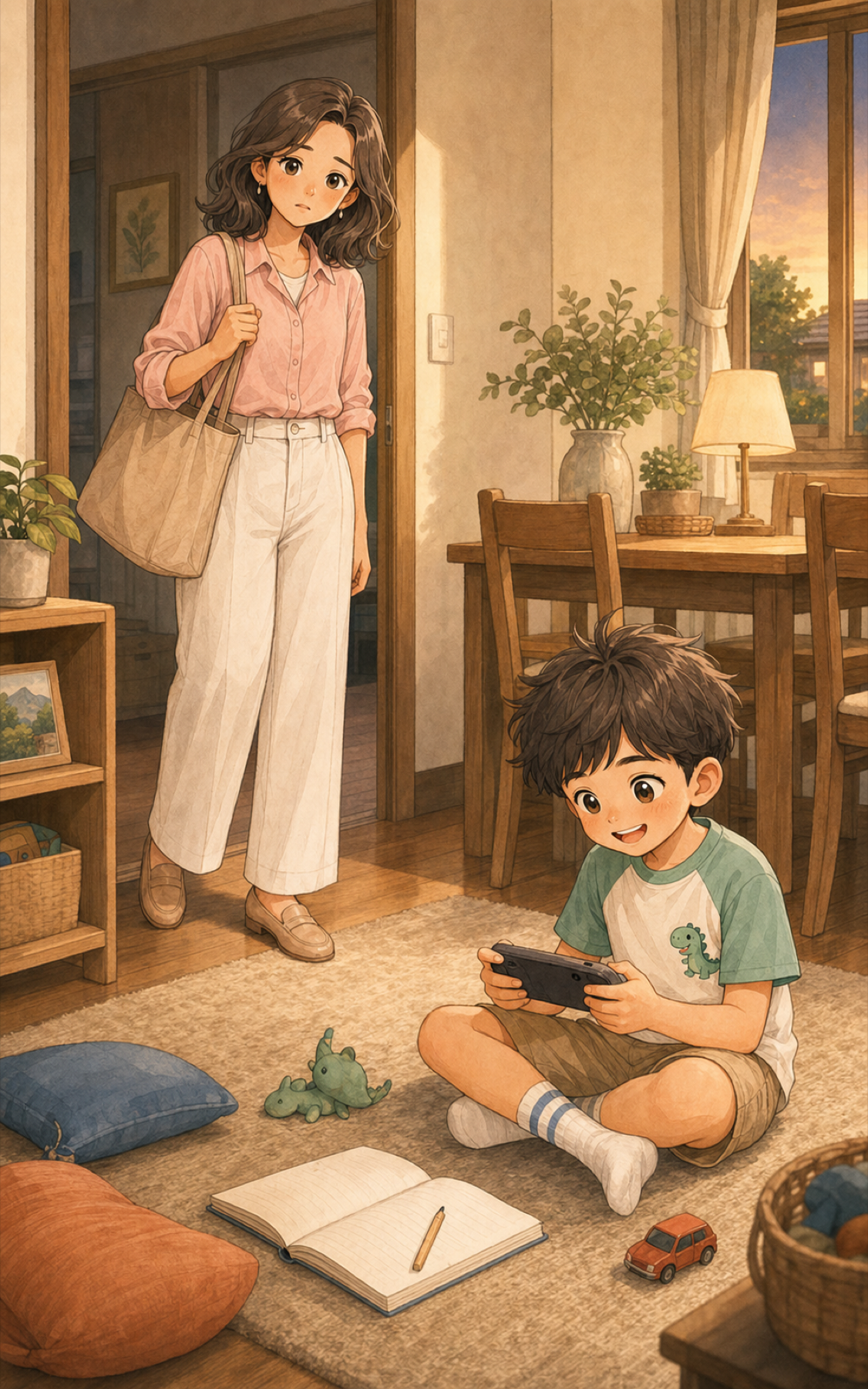 คุณแม่ที่ดูเหนื่อยกลับถึงบ้าน และเห็นลูกเล่นเกมอยู่ข้างสมุดการบ้าน